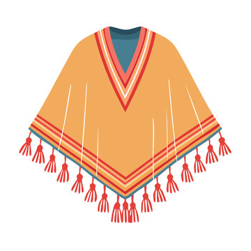 Orange Poncho with Fringe and Geometric Pattern