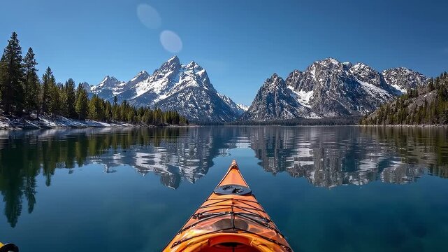 Kayak approaching snow-capped mountain range on calm alpine lake