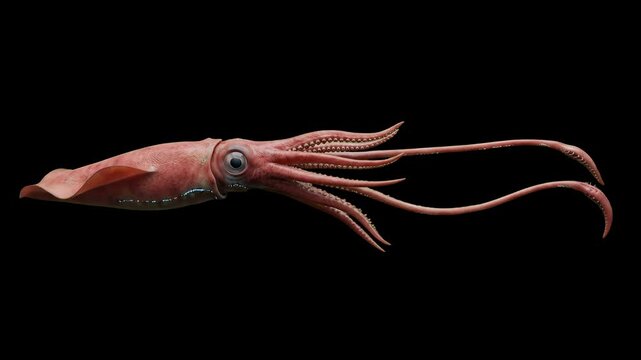 A highly detailed giant squid with a deep reddish-pink body and massive eyes moves its long tentacles while floating in a dark void against a black backdrop. This cinematic 3D animal asset is perfect 