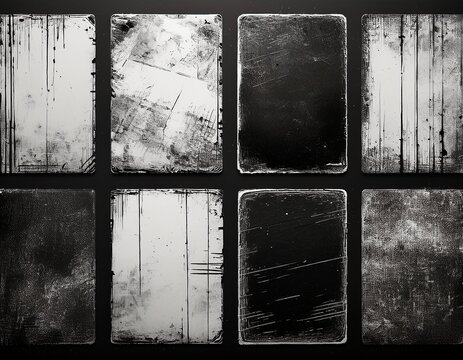 four black and white grunge texture rectangles with distressed edges and varied patterns