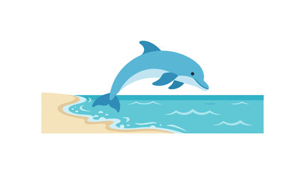 Blue dolphin jumping out of ocean near sandy beach. © mazayaaba
