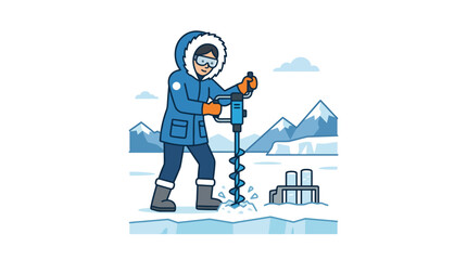 Fisherman using manual ice auger on frozen arctic lake. © mazayaaba