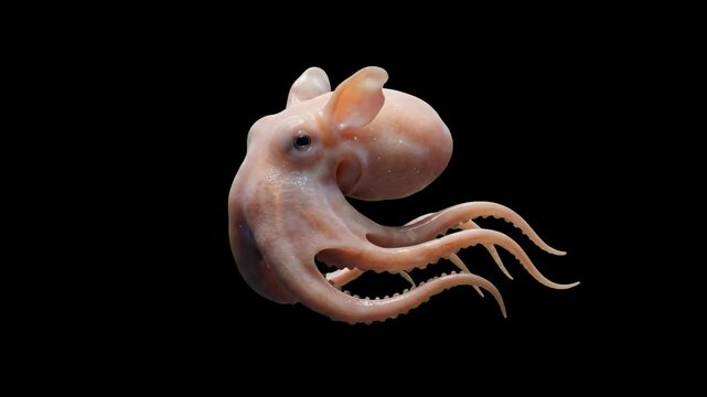 A realistic 3D animated pale pink Dumbo octopus gently flaps its ear-like fins and moves its tentacles while floating against a solid black backdrop. This captivating marine biology asset is perfect f