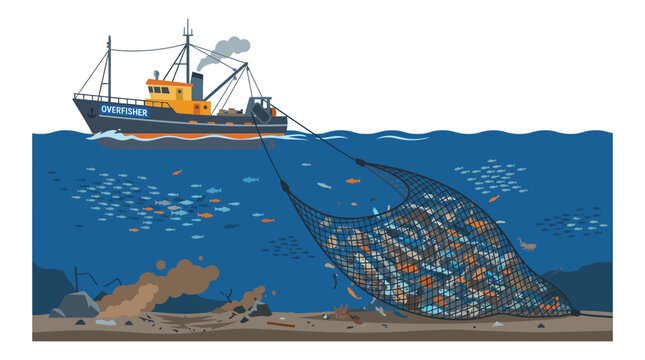 Industrial fishing boat using large bottom trawling net.