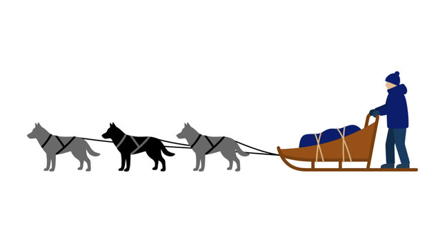 Dog sled team with musher traveling across snow.