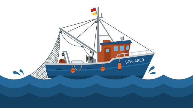 Commercial fishing boat trawler with nets on ocean waves.