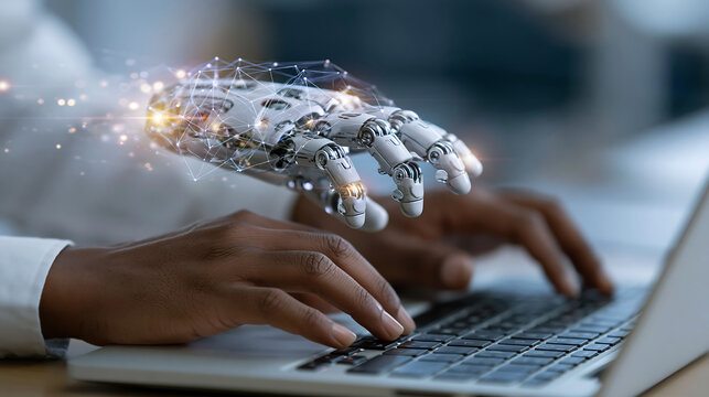 close up of glowing digital ai robotic hand and human hand on laptop keyboard showing artificial intelligence machine learning and technology