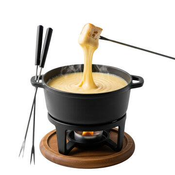 close-up macro of bubbling, golden swiss cheese fondue in a black caquelon on a wooden rechaud, against a transparent background. rustic bread cube dips into creamy cheese, soft warm studio lighting,