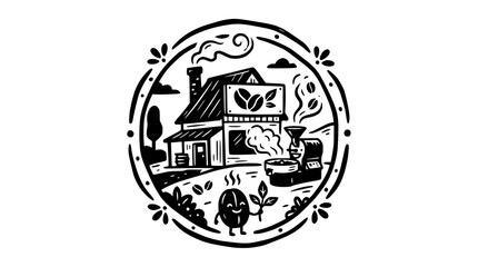 Rustic coffee roastery barn illustration in circular frame. © Maxim
