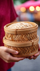 Obraz premium Asian female holding woven bamboo containers outdoors at market