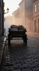 Obraz premium Old cart with sacks of goods sits on cobblestone street in misty sunrise. Vintage buildings line deserted foggy lane. Early morning quiet atmosphere.