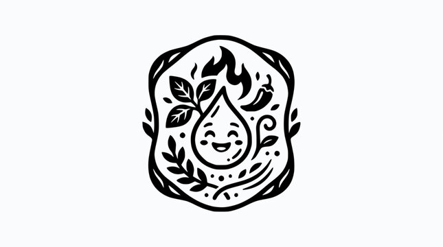 Smiling drop mascot with fire and leaves frame.