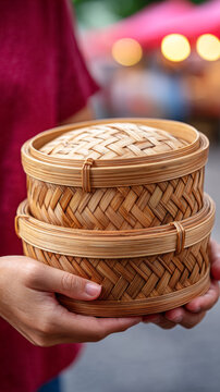 Asian female holding woven bamboo containers outdoors at market