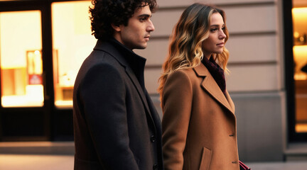 Naklejka premium Young couple walking in city street. Man and woman in elegant coats glance back, blurred lights glow in background. Urban winter fashion scene, romantic date night mood, love.