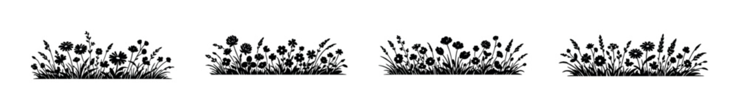 Collection of black silhouette borders featuring wildflowers and grasses
