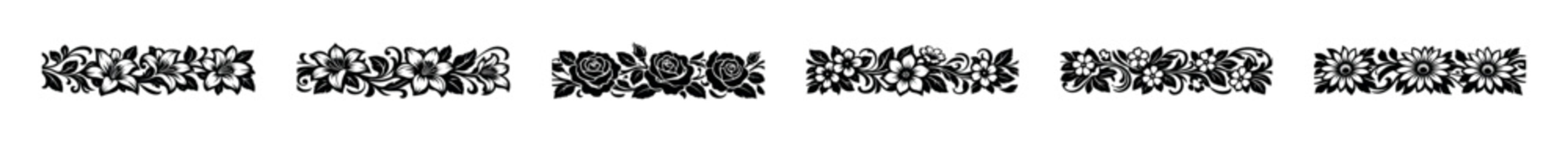 Elegant black and white floral border designs with roses and daisies