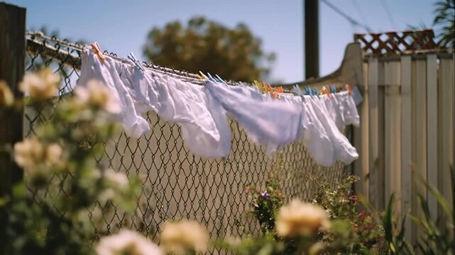 Laundry drying on a clothesline in the sun, with flowers in the foreground.