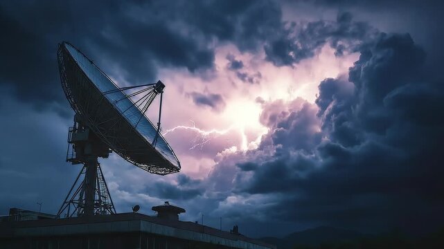 Satellite Dish on Rooftop with Lightning and Storm Clouds
