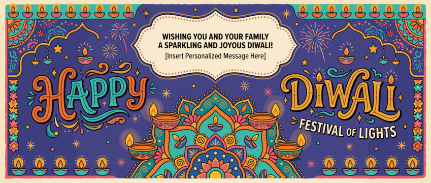 Vibrant Diwali festival greeting card with colorful lights and traditional Indian decorations