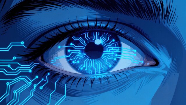 cybernetic eye with circuit patterns