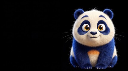 Cute blue panda cartoon character sitting smiling on black background. Funny fluffy animal mascot illustration for kids games, creative design, and web banner with banner copy space. © Dinali