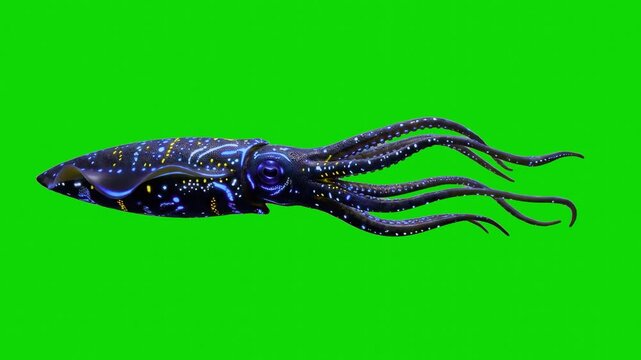 A detailed 3D render of a dark bioluminescent squid with glowing neon patterns swimming horizontally. The deep-sea cephalopod predator is isolated on a bright chroma key green screen background for ea