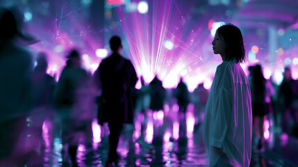 Fototapeta premium woman walking in futuristic urban city with glowing holographic digital effects and crowd showing smart city technology innovation and future