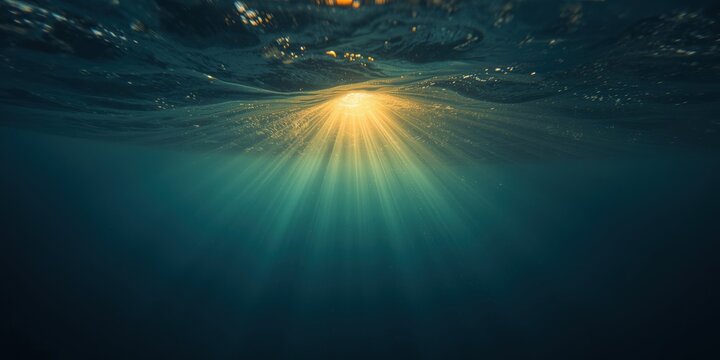 Golden sun rays piercing through deep blue ocean surface underwater view with light beams and rippling water texture