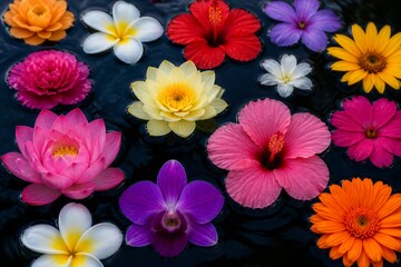 Obraz premium Assortment of floating tropical and garden flowers on water