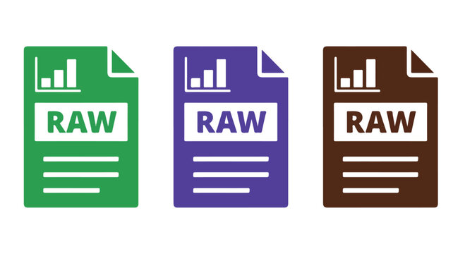 Colorful raw data file icons in green, purple, and brown on white background