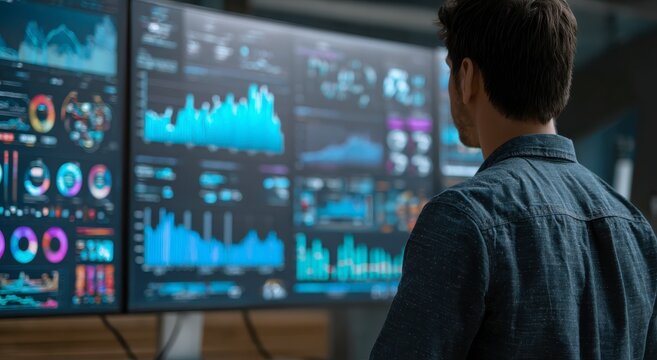 man in blue shirt looking at multiple computer screens with graphs and charts in a professional sett