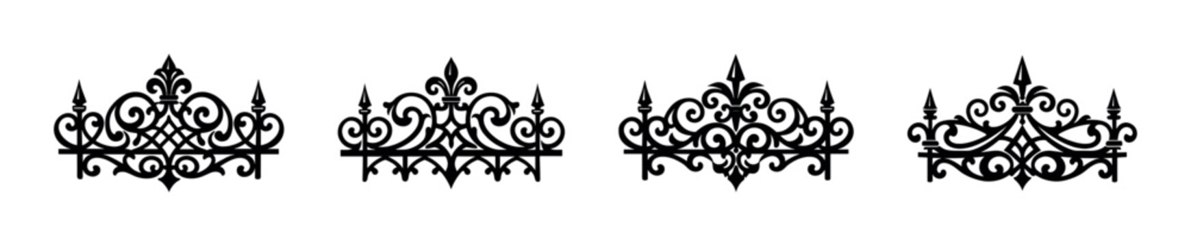 Collection of ornate black wrought iron fence elements with decorative scrolls and finials