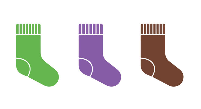 Colorful illustration of three socks in green, purple, and brown on white background