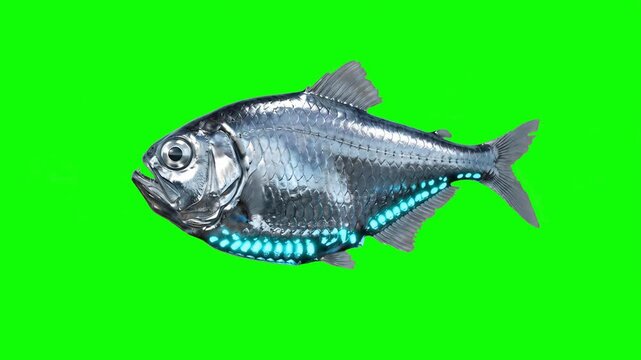 A silver cybernetic mechanical fish with glowing neon blue technological elements along its belly swims in profile against a solid green screen backdrop. This high-tech 3D asset fits seamlessly into c