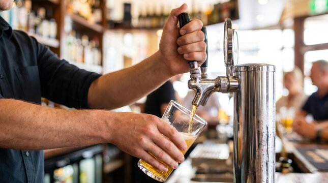 Bartender pulling a tap handle to pour draft beer into a glass at a pub