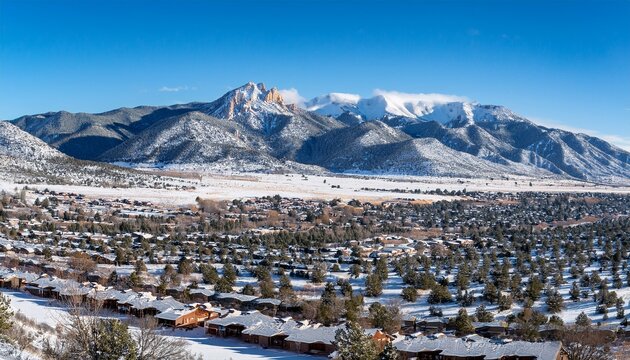 snowy panorama of the town of truchas new mexico and the sangre de cristo mountains along the high road to taos