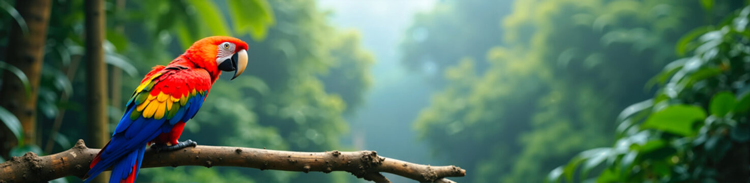 Scarlet macaw perched on a weathered branch. Colorful tropical parrot in a misty rainforest. Panoramic wildlife banner
