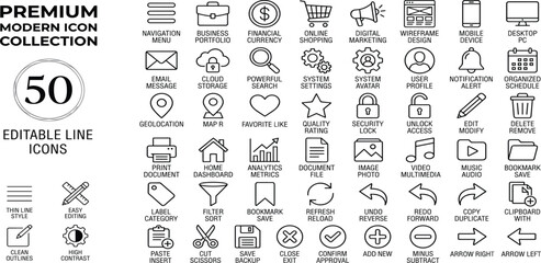 Modern icon set. 28 most used modern icon symbols. Interface symbols, business, finance, commerce, marketing, web design. Thin line vector illustration editable stroke.