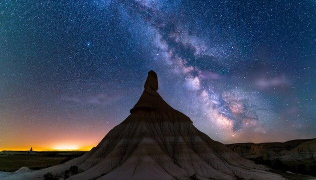 the milky way appears to erupt from a peak silhouetted against a starry sky in the bisti badlands of new mexico