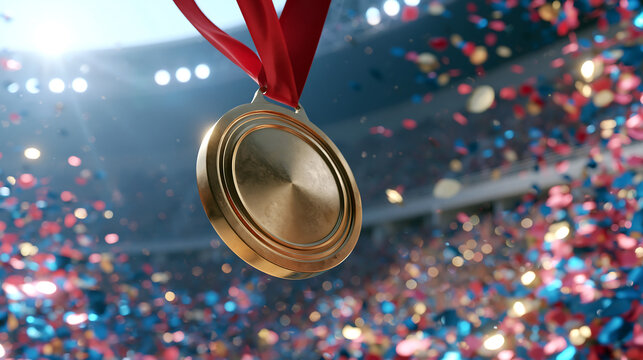 shiny gold medal with red ribbon in stadium showing sports victory achievement championship award competition and champion recognition concept
