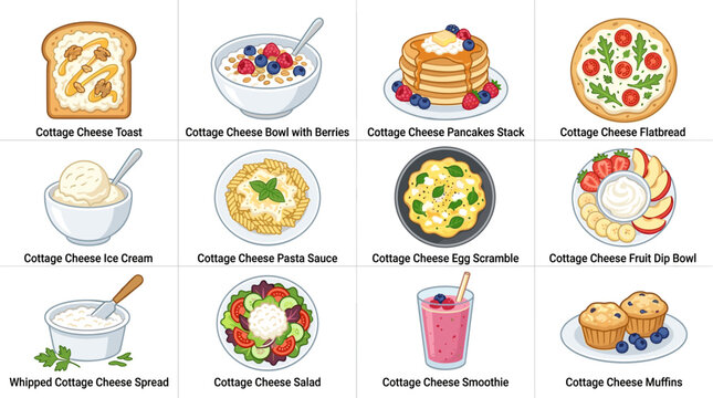 A vibrant collection of pixel art breakfast and meal icons, featuring toast with honey, oatmeal with berries, pancakes, pizza, ice cream, mashed potatoes, scrambled eggs, fruit and yogurt, cream
