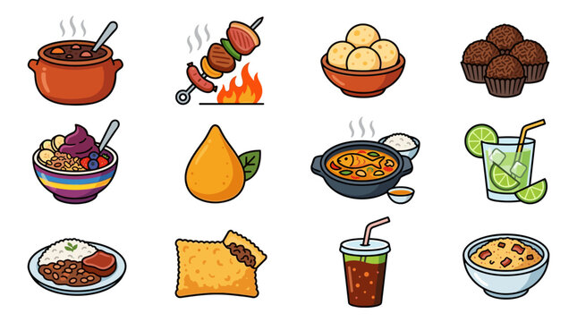 Pixel art collection of traditional Brazilian food and drinks, feijoada, barbecue, p&atilde;o de queijo, brigadeiro, a&ccedil;a&iacute;, coxinha, moqueca, caipirinha, prato feito, pastel, guaran&aacute;, and curau