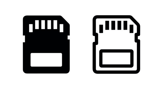 SD memory card icon set, digital data storage symbol in black and outline variations