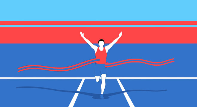 Vector illustration of a runner crossing the finish line with a feeling of triumph and elation