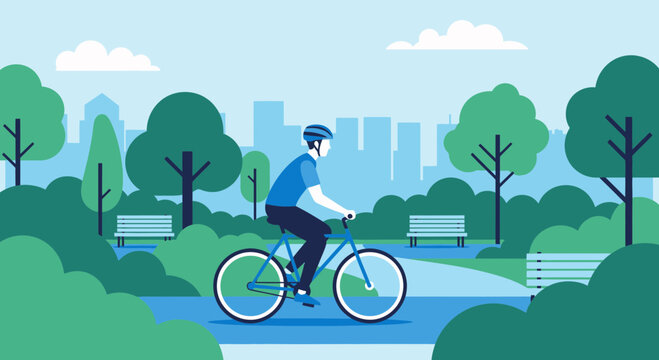 Vector illustration of cyclist riding bicycle in city park with cityscape background