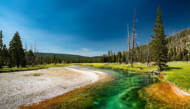 a river runs over a vivid green stream bottom in norris geyser basin