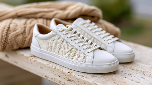 White casual sneakers with knit design on stone surface
