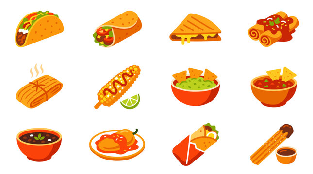 Pixel art collection of classic Mexican food including tacos, burritos, quesadillas, enchiladas, tamales, elote, guacamole, salsa, black beans, chile relleno, and churros, showcasing traditional