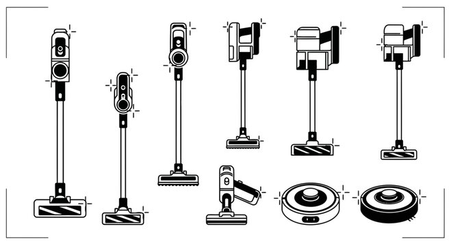 Vector outline illustration showing various types of modern vacuum cleaners available on the market