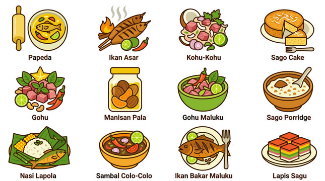 Set of pixel art icons representing various Indonesian traditional dishes and food items, ideal for game assets or digital menus